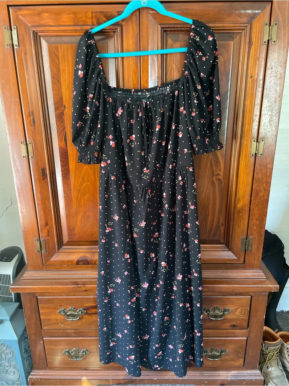 City Chic Black Floral Midi Dress with Pink Floral Print